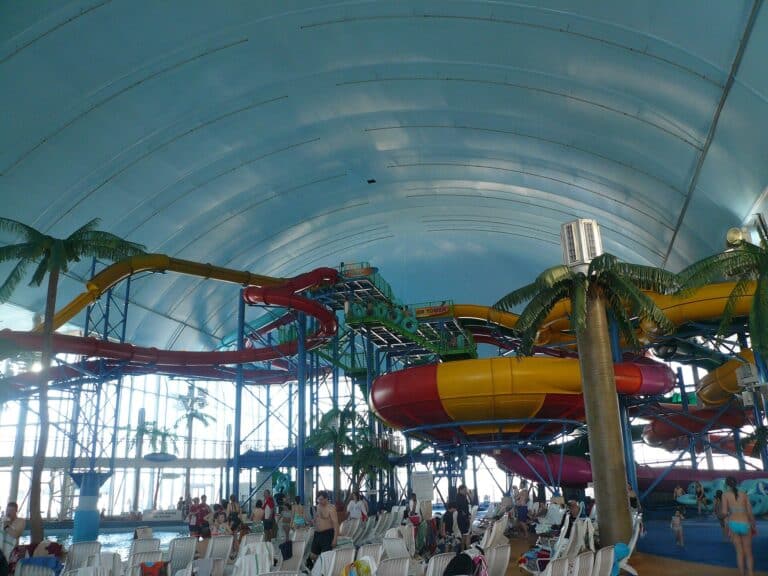 Colorful slides at an indoor water park