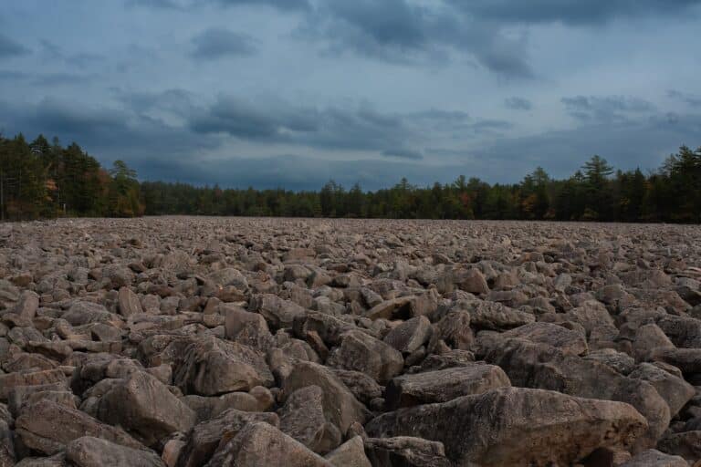 The vast Boulder Field at Hickory Run State Park under a stormy sky, a short drive from Lake Harmony