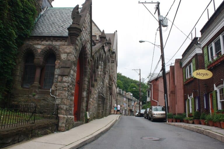 Historic stone row houses on Race Street in Jim Thorpe, Pennsylvania