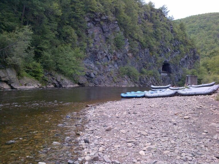 Jim Thorpe River Adventures rafts on the bank of the Lehigh River at Glen Onoko