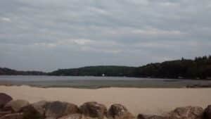 Lake Harmony shoreline in the Poconos, where Nick's Lake House serves lakeside dinners