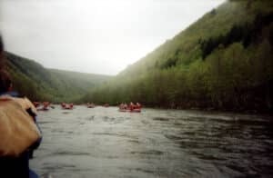 Groups whitewater rafting down the Lehigh River through a forested gorge in the Poconos