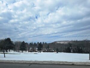 Snow-covered grounds at Skytop Lodge in the Pocono Mountains