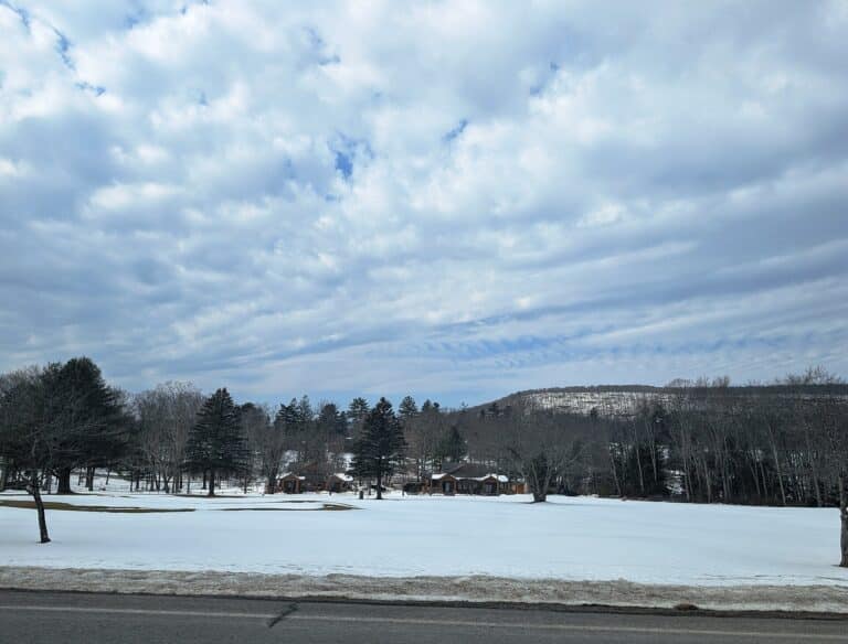 Snow-covered grounds at Skytop Lodge in the Pocono Mountains
